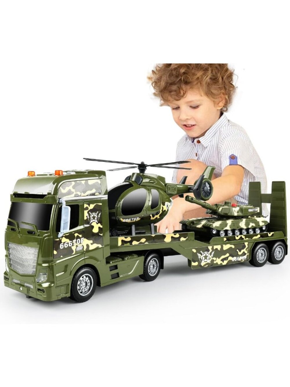 Green Military Big Truck Toy Set with Helicopters & Tank - Lights & Sounds